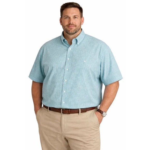 Chaps Men’s XXL Short Sleeve Button Down Shirt Blue Green Check Cotton Blend 2XL - Picture 2 of 6